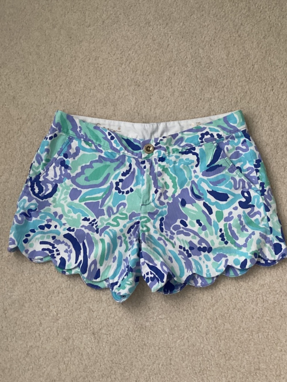 Lilly Pulitzer Scallop Hem High Waist Shorts in Aqua, Teal & Lavender